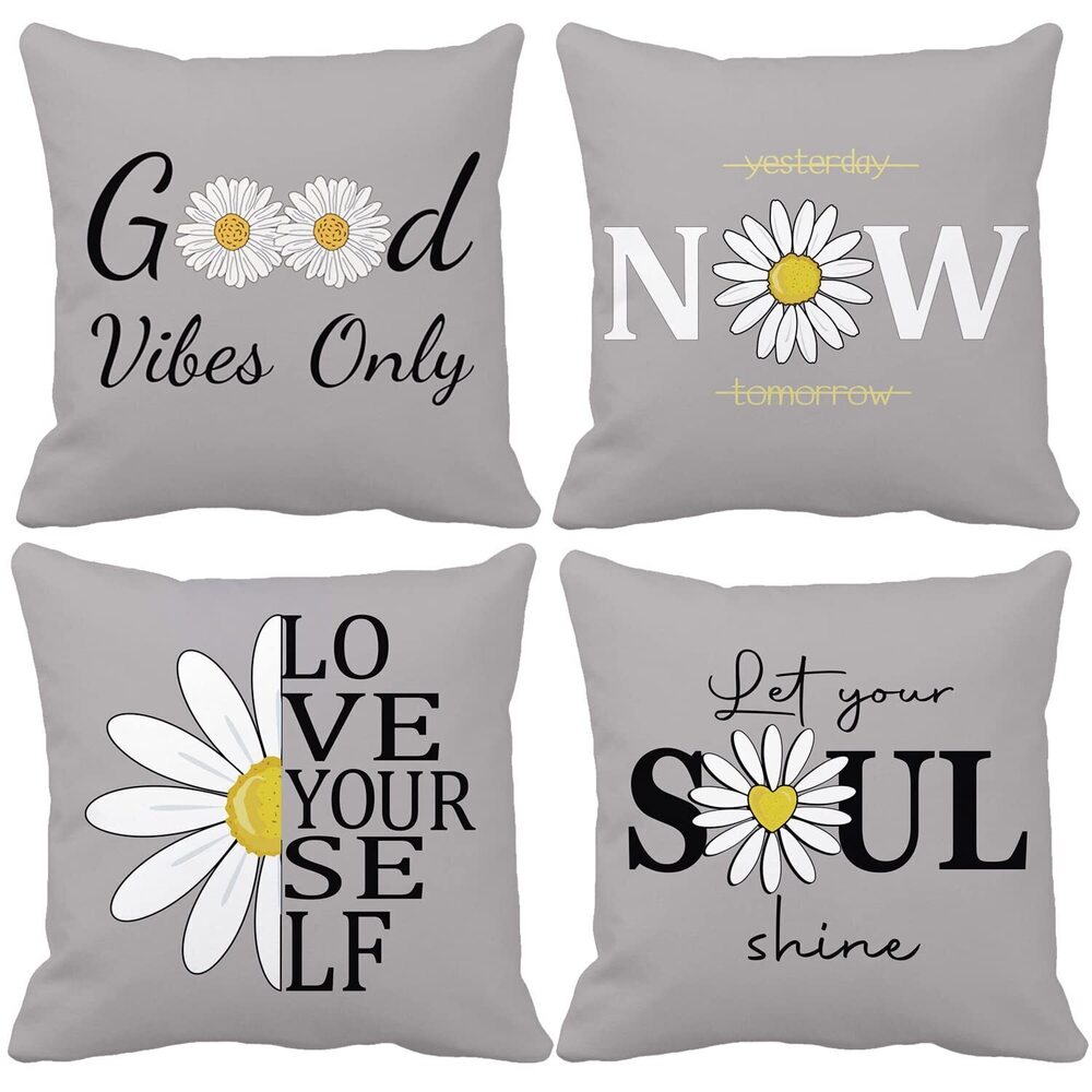 4335 Set of 4 Sunflower Grey Throw Pillow Covers 18 x 18 Inches, Double